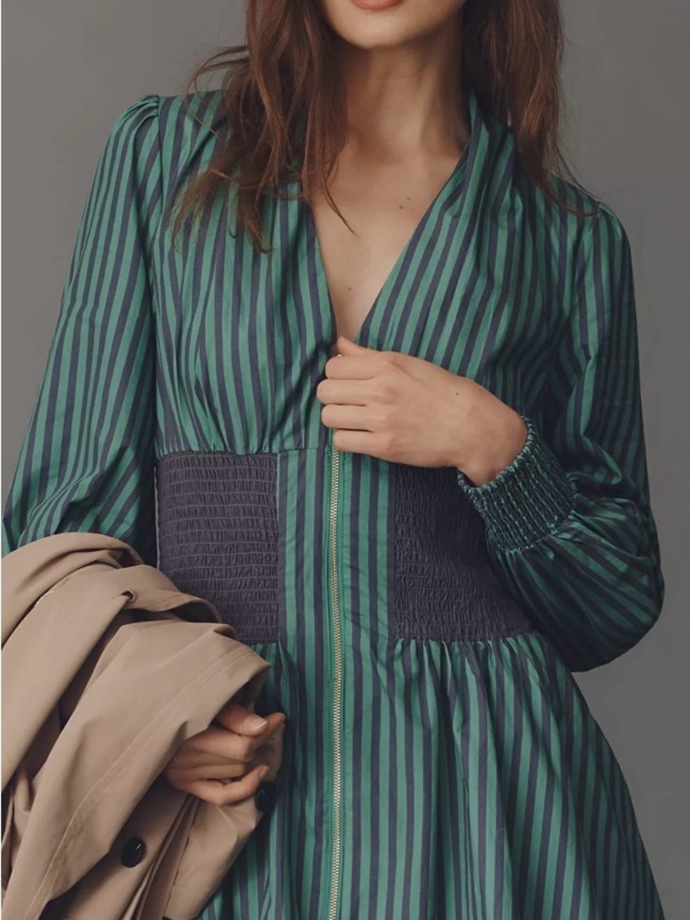 Anthropologie Tommie Green & Navy Striped Long-Sleeve Dress with Smocked Waist - Picture 4 of 6
